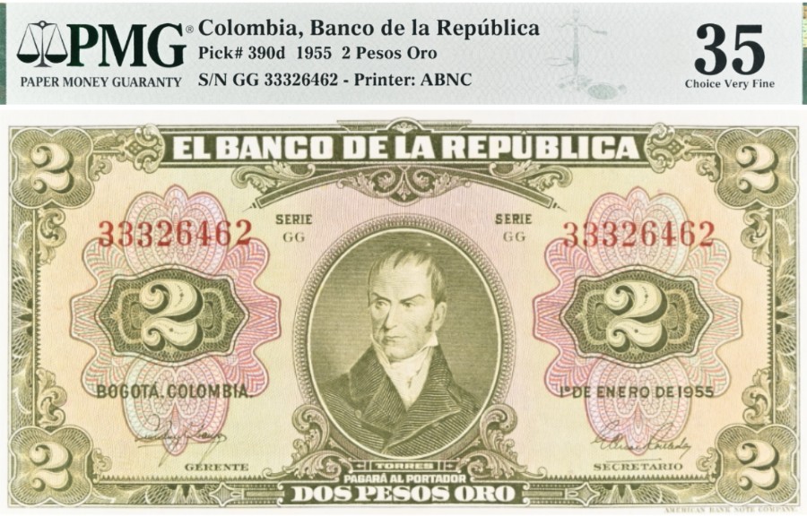 КОЛУМБИЯ 2 ПЕСО (PMG - GRADE 35)