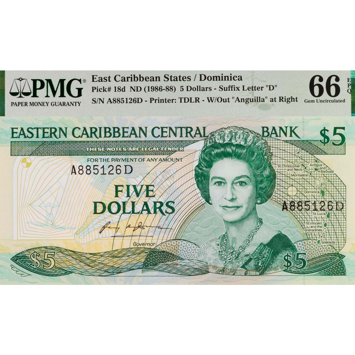 ВОСТОЧНЫЕ КАРИБЫ 5 ДОЛЛАРОВ (D - ДОМИНИКА, PMG - GRADE 66) мини 1