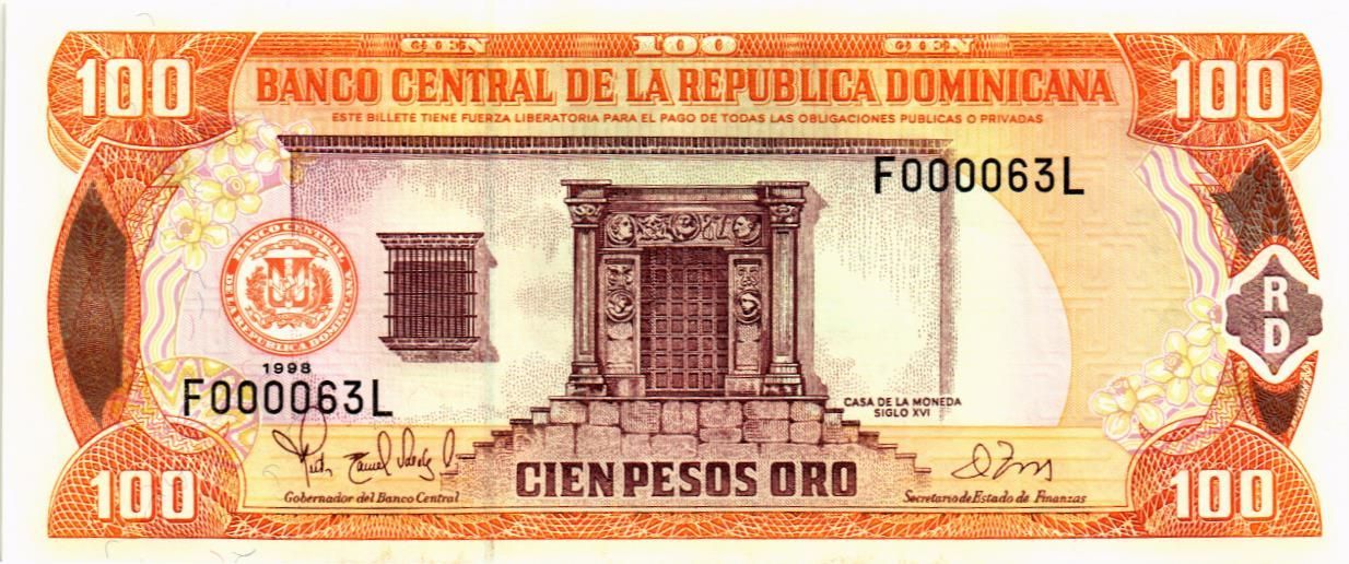 ДОМИНИКАНСКАЯ РЕСПУБЛИКА 100 ПЕСО (НИЗКИЙ НОМЕР)