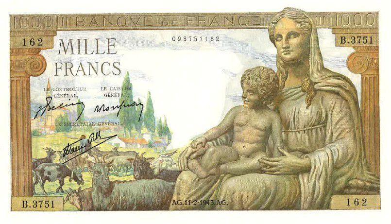 ФРАНЦИЯ 1000 ФРАНКОВ (БОГИНЯ ДЕМЕТРА) - ПРОКОЛ мини 1