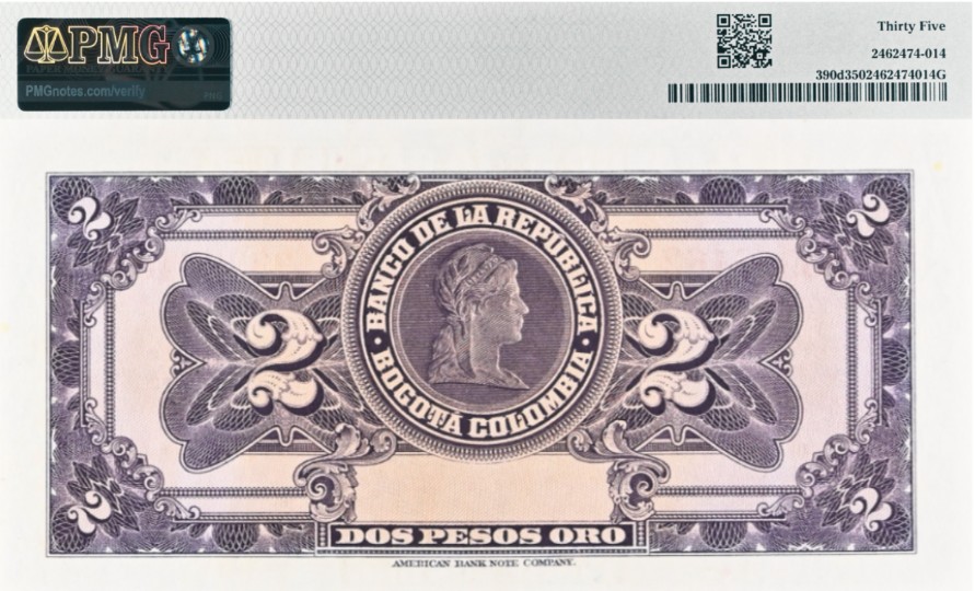 КОЛУМБИЯ 2 ПЕСО (PMG - GRADE 35) мини 2