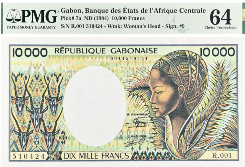ГАБОН 10000 ФРАНКОВ (PMG - GRADE 64) мини 1