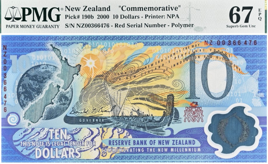 НОВАЯ ЗЕЛАНДИЯ 10 ДОЛЛАРОВ NZ (PMG - GRADE 67)