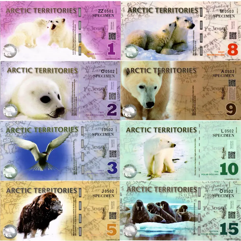 АРКТИЧЕСКИЕ ТЕРРИТОРИИ НАБОР 8 БАНКНОТ (ОБРАЗЕЦ)