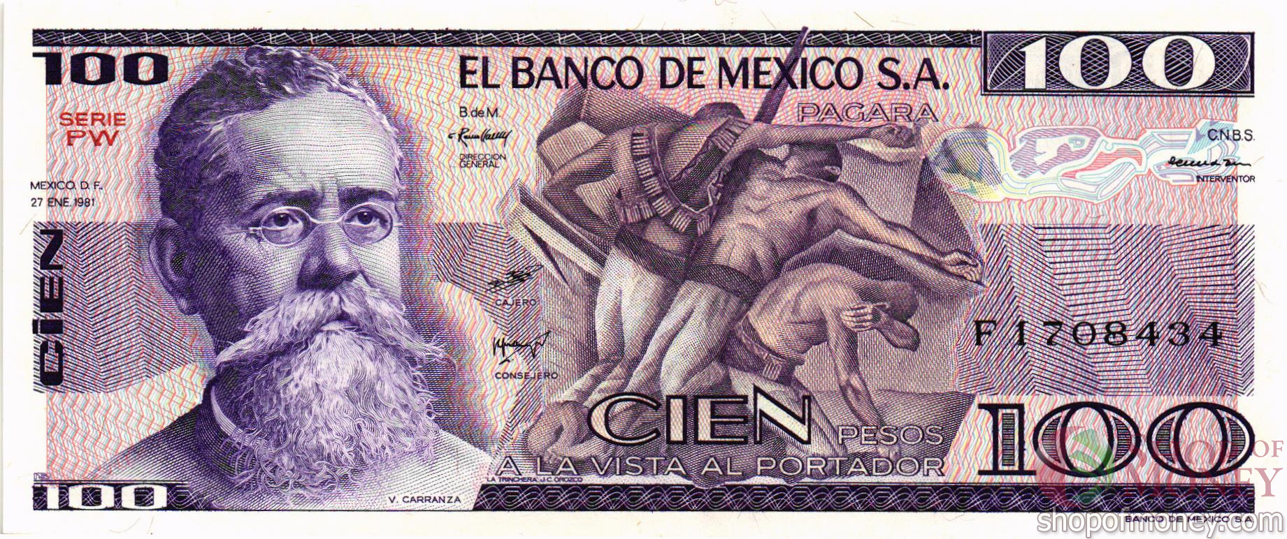 МЕКСИКА 100 ПЕСО (-PW- СЕРИЯ) мини 1