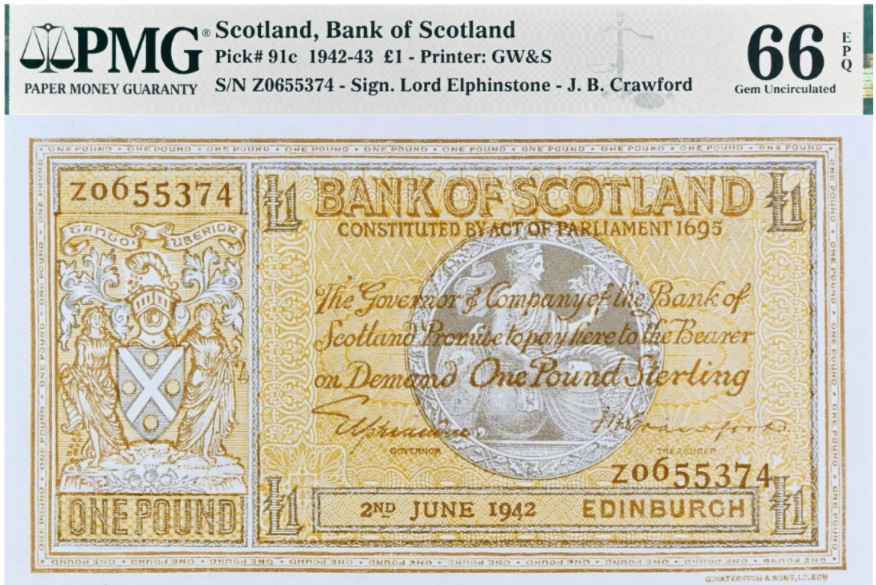 ШОТЛАНДИЯ 1 ФУНТ (PMG - GRADE 66) TOP POP