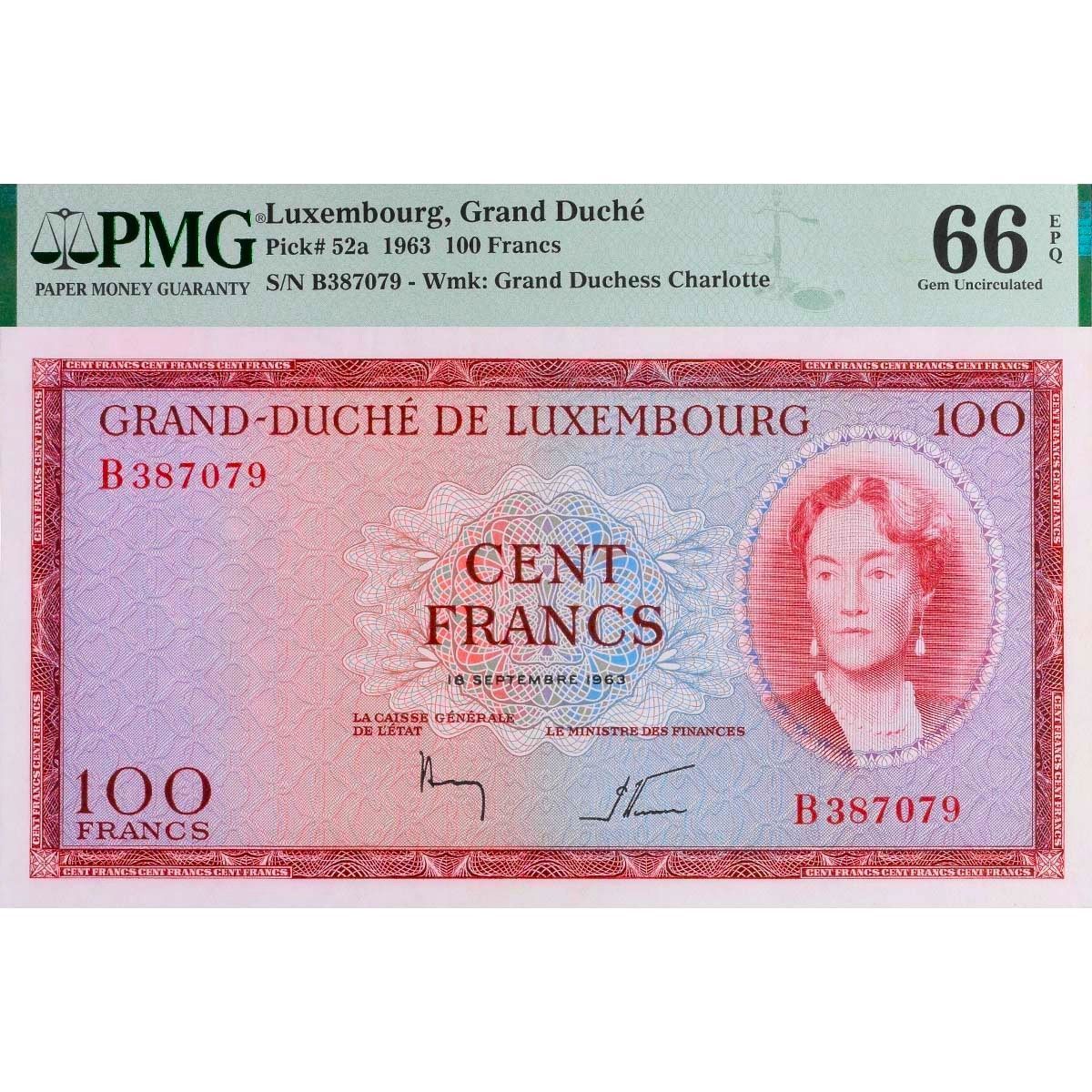 ЛЮКСЕМБУРГ 100 ФРАНКОВ (PMG - GRADE 66) мини 1