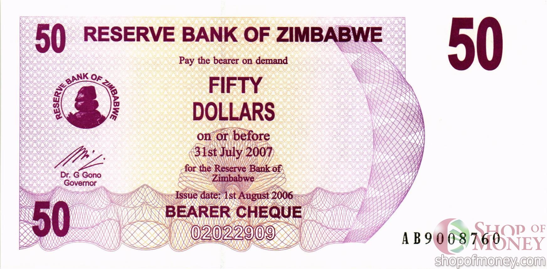 ЗИМБАБВЕ 50 ДОЛЛАРОВ