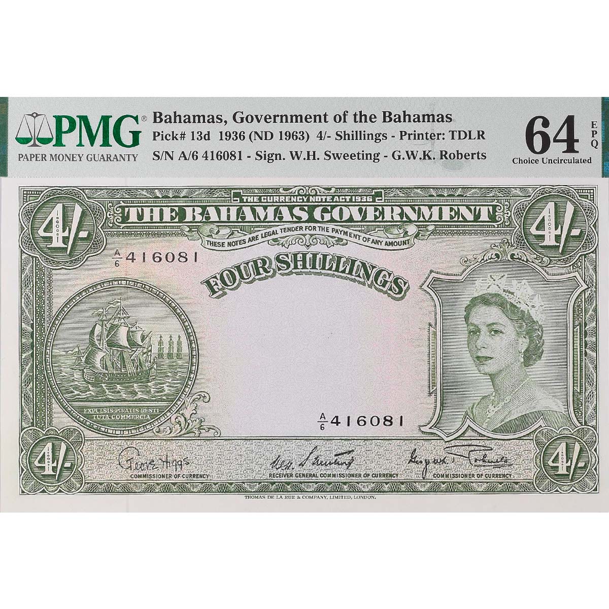 БАГАМСКИЕ ОСТРОВА 4 ШИЛЛИНГА (PMG - GRADE 64) мини 1