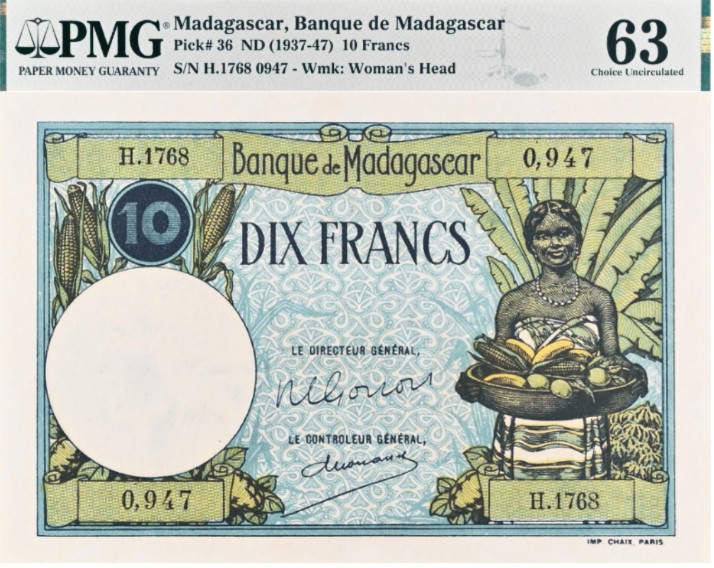 МАДАГАСКАР 10 ФРАНКОВ (PMG - GRADE 63) мини 1
