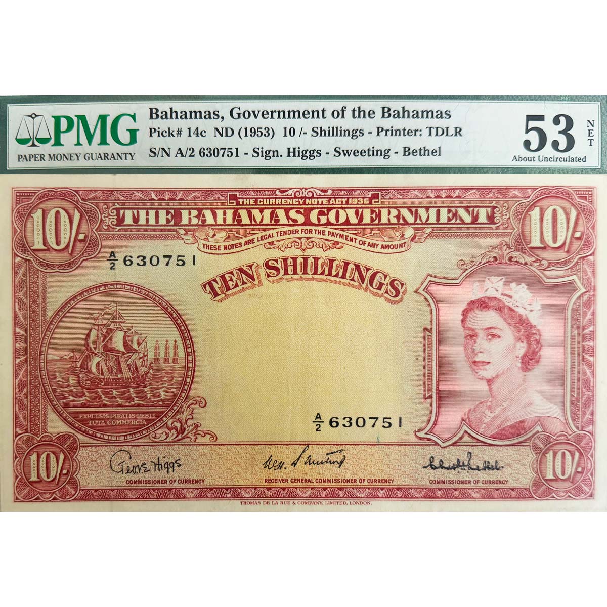 БАГАМСКИЕ ОСТРОВА 10 ШИЛЛИНГА (PMG - GRADE 53)