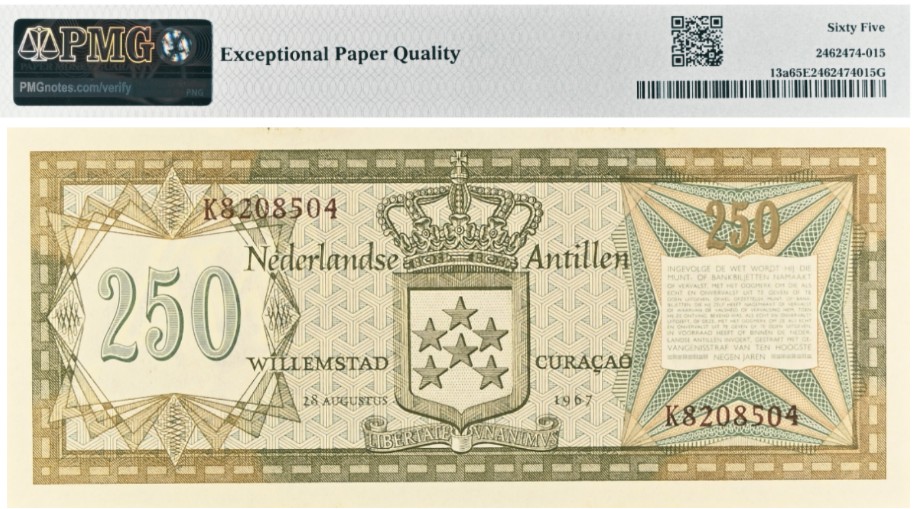 НИДЕРЛАНДСКИЕ АНТИЛЬСКИЕ ОСТРОВА 250 ГУЛЬДЕНОВ (PMG - GRADE 65) мини 2