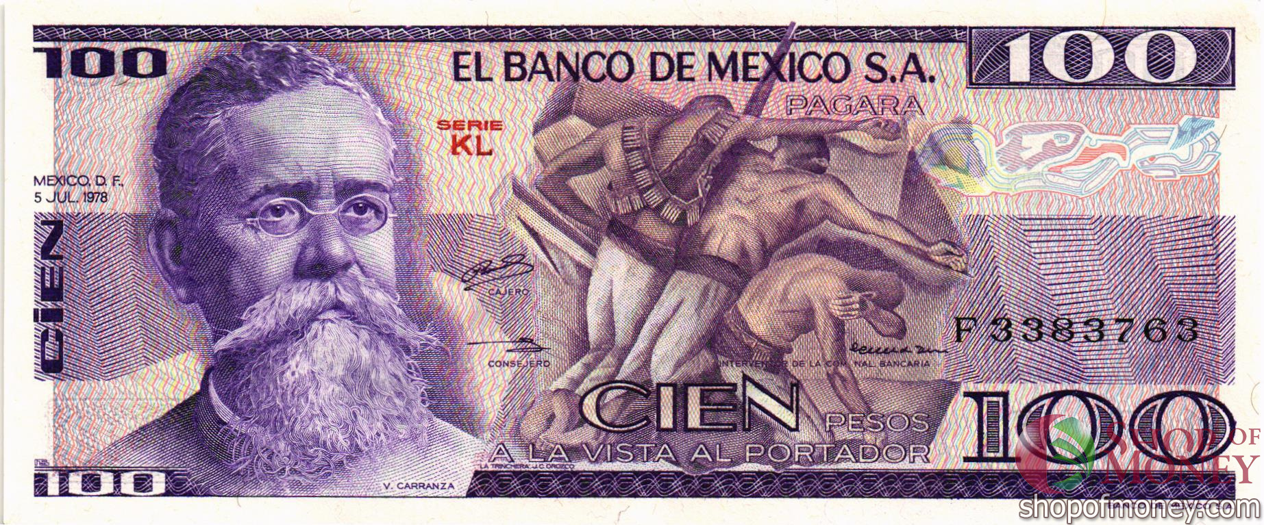 МЕКСИКА 100 ПЕСО (-KL- СЕРИЯ)