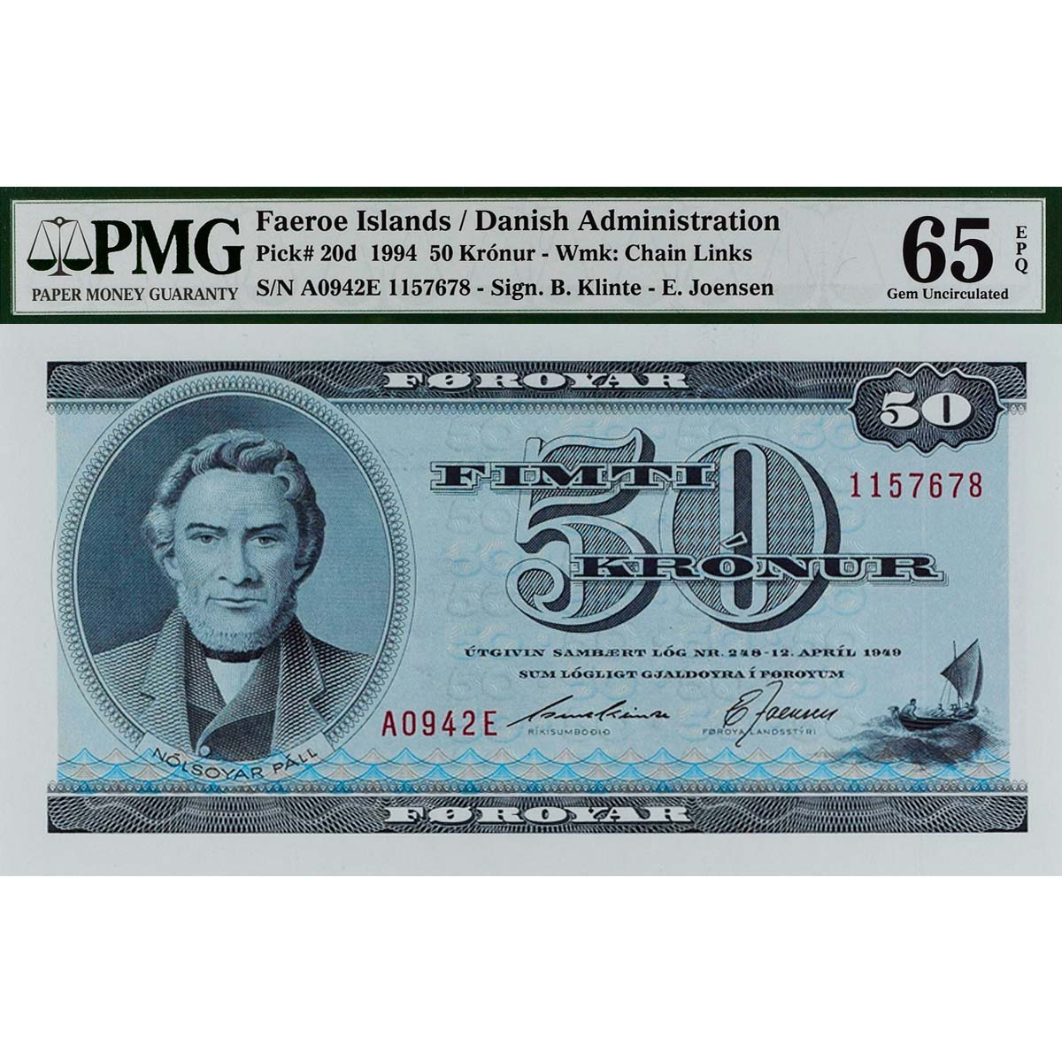 ФАРЕРСКИЕ ОСТРОВА 50 КРОН (PMG - GRADE 65)