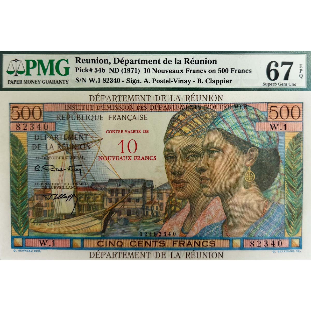 ФРАНЦИЯ (РЕЮНЬОН) 10 ФРАНКОВ (PMG - GRADE 67) мини 1