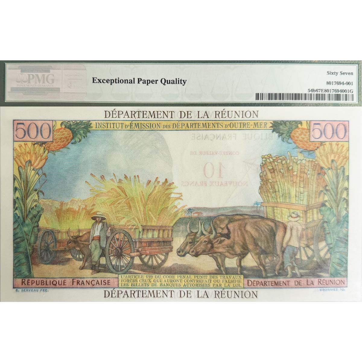 ФРАНЦИЯ (РЕЮНЬОН) 10 ФРАНКОВ (PMG - GRADE 67) мини 2