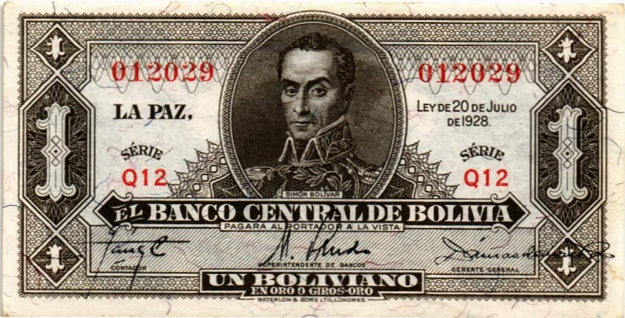 БОЛИВИЯ 1 БОЛИВИАНО (20.07.1928) мини 1