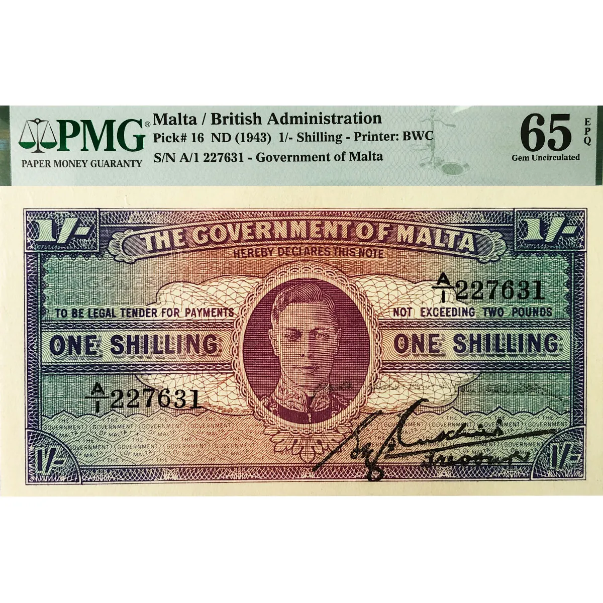 МАЛЬТА 1 ШИЛЛИНГ (ГЕОРГ VI — PMG - GRADE 65) мини 1