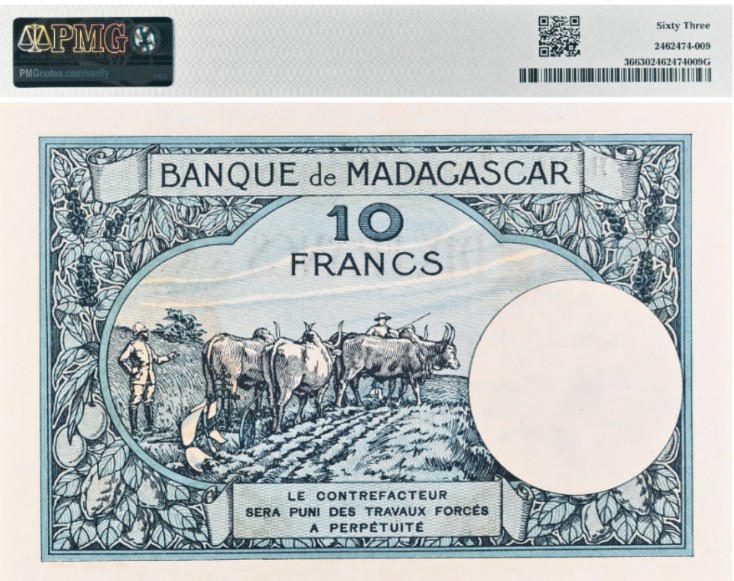 МАДАГАСКАР 10 ФРАНКОВ (PMG - GRADE 63) мини 2