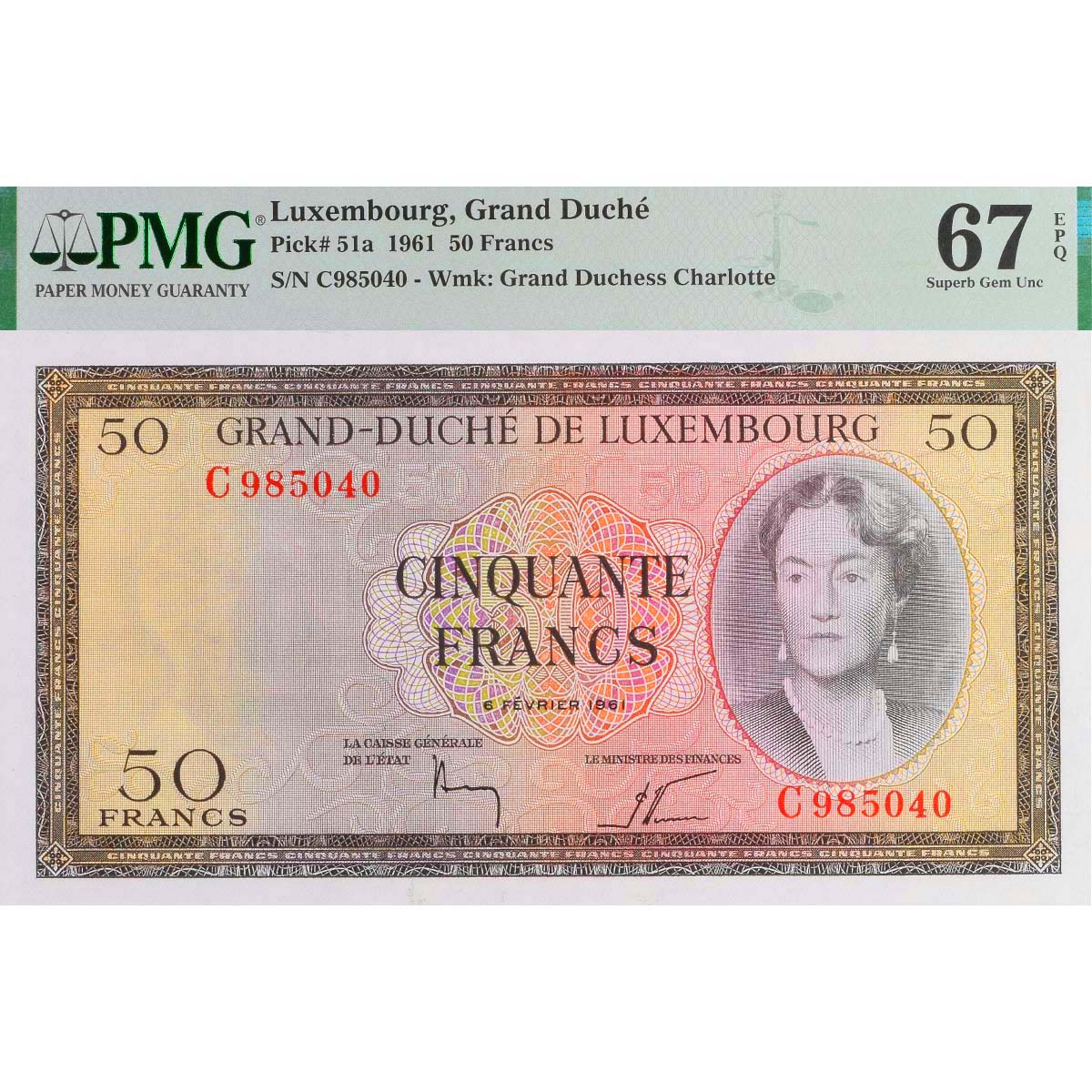 ЛЮКСЕМБУРГ 50 ФРАНКОВ (PMG - GRADE 67) мини 1