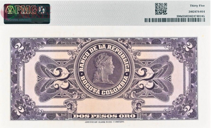 КОЛУМБИЯ 2 ПЕСО (PMG - GRADE 35) 2