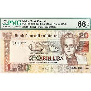 МАЛЬТА 20 ЛИР (PMG - GRADE 66) 1