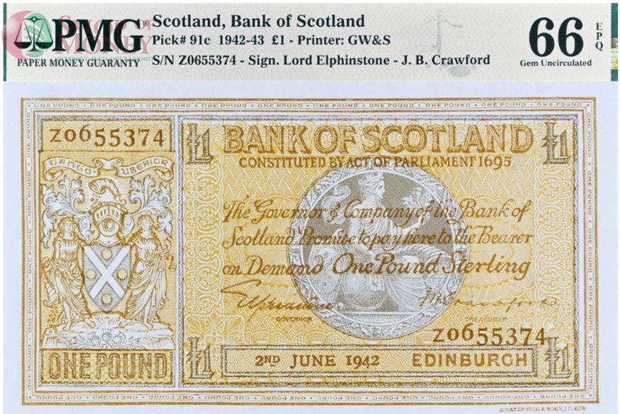 ШОТЛАНДИЯ 1 ФУНТ (PMG - GRADE 66) TOP POP 1
