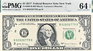 США 1 ДОЛЛАР (B - НЬЮ-ЙОРК - PMG - ГРЕЙД 64) #B02826779D 1