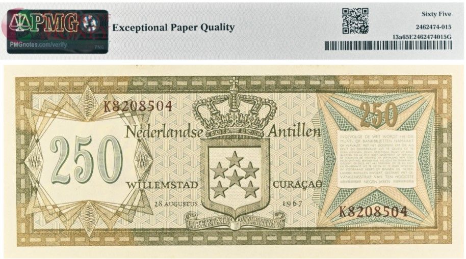 НИДЕРЛАНДСКИЕ АНТИЛЬСКИЕ ОСТРОВА 250 ГУЛЬДЕНОВ (PMG - GRADE 65) 2