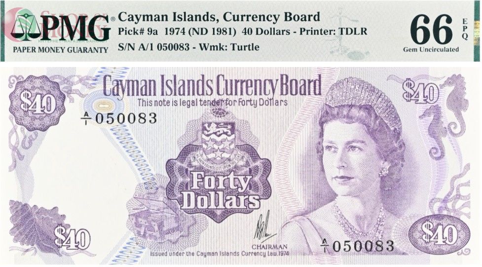 КАЙМАНОВЫ ОСТРОВА 40 ДОЛЛАРОВ (PMG - GRADE 66) 1