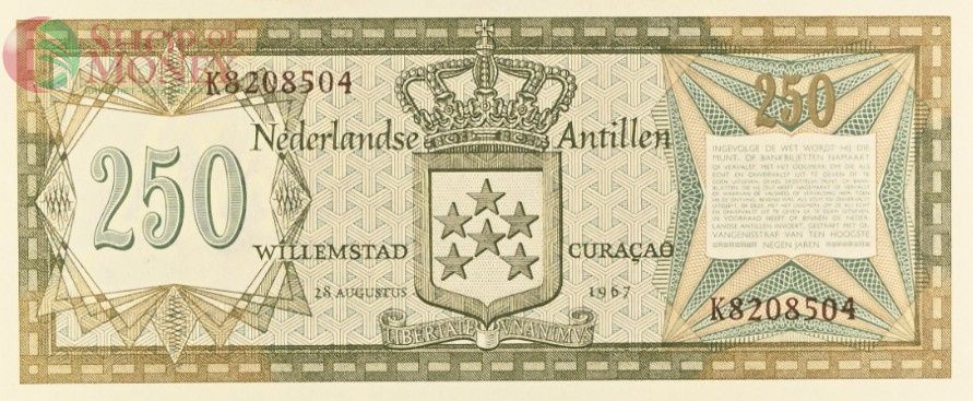 НИДЕРЛАНДСКИЕ АНТИЛЬСКИЕ ОСТРОВА 250 ГУЛЬДЕНОВ (PMG - GRADE 65) 4